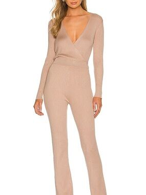 More to Come Ribbed Knit V-Neck Jumpsuit in Beige